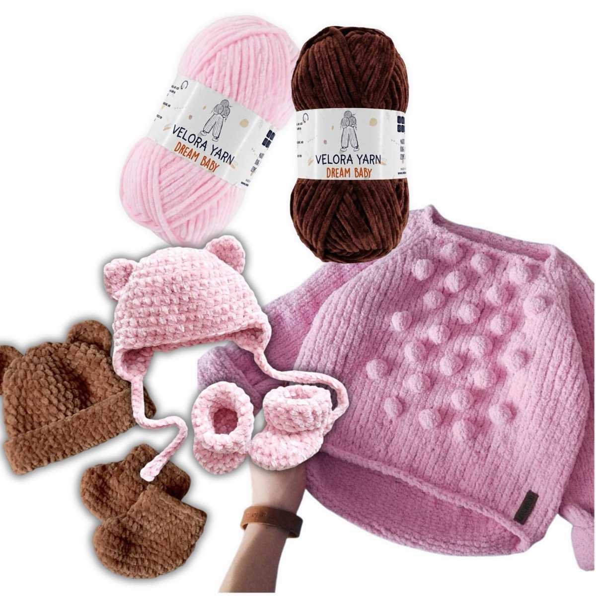 Baby hat, booties and jumper made with Velora Dream Baby chenille yarn