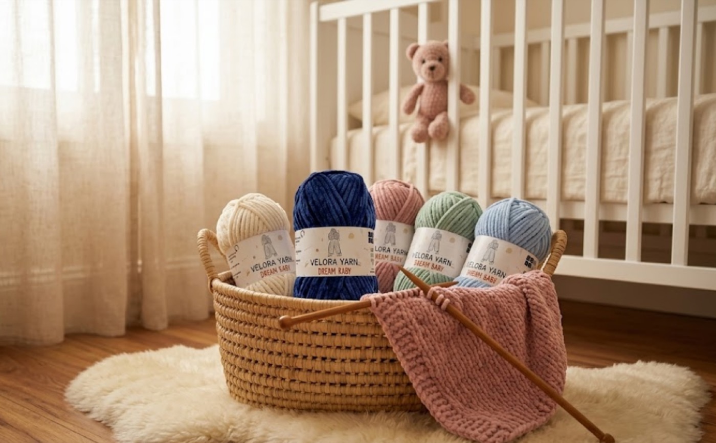 Basket of Velora Dream Baby chenille yarn with knitting in progress